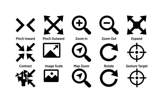 Pinch Zoom Controls, solid glyph icon set featuring pinch inward, pinch outward, zoom in, zoom out, expand, contract, image scale, map zoom, rotate and gesture target, covering touchscreen