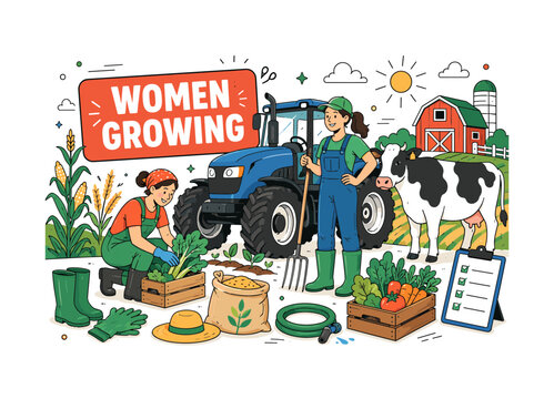 Women In Farming. A clean editorial banner showing two women farmers working beside an oversized tractor and cow, with a field, pitchfork, boots, gloves, grain sack, barn, vegetable basket, watering