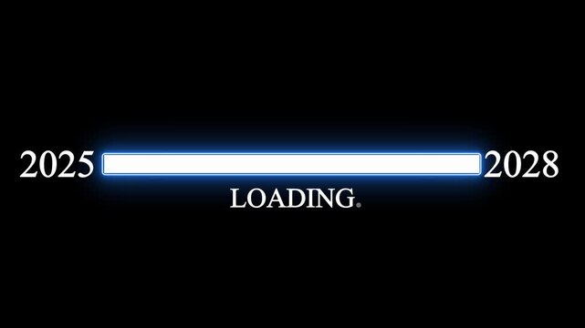 New year 2026 loading bar animation Year changing from 2025 to 2026. Loading bar from 2025 to 2026 new year transfer animation. Almost reaching New Year on black background.