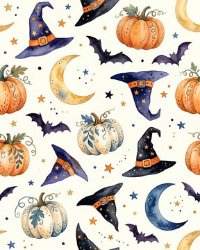 Cute Watercolor Halloween Pattern with Crescent Moon and Cute Bats