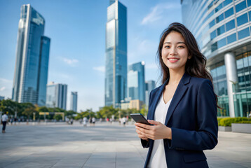 Fototapeta premium smiling asian businesswoman holding smartphone standing outdoors in modern city financial district with glass skyscrapers and blue sky