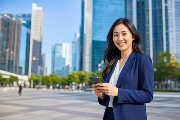 Fototapeta premium smiling asian businesswoman holding smartphone standing outdoors in modern city financial district with glass skyscrapers and blue sky