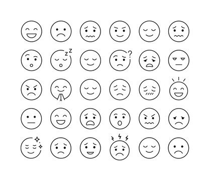 Human Mood Expressions, line icon set, create exactly 30 editable thin outline icons arranged in a 6x5 grid: happy face, sad face, nervous face, confident face, relaxed face, anxious face, curious