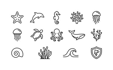 Obraz premium Marine Ecosystem Animals, line icon set featuring starfish, dolphin, seahorse, coral branch, jellyfish, sea turtle, octopus, whale, shell, reef plant, ocean wave and conservation shield, covering