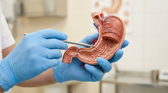 Doctor Explains Gastric Anatomy Model with Blue Gloves, Medical Education