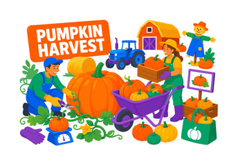 Fototapeta premium Pumpkin Harvest Season lively banner scene with two farmers gathering around an oversized pumpkin and giant wheelbarrow, one cuts vines while another loads a crate, tractor, barn, hay bale, gloves,