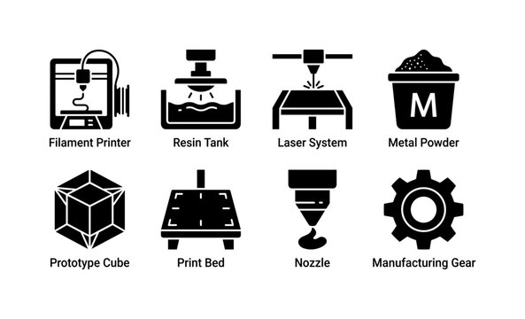 Additive Manufacturing Types, solid glyph icon set featuring filament printer, resin tank, laser system, metal powder, prototype cube, print bed, nozzle and manufacturing gear, covering 3D printing,