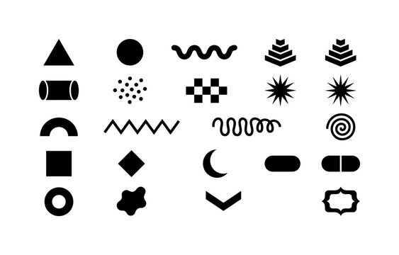 Memphis Shape Mega Set, solid glyph icon set featuring triangle, circle, wave, pyramid, cylinder, dot cluster, checker tile, starburst, arch, zigzag, squiggle, spiral, square, diamond, crescent,