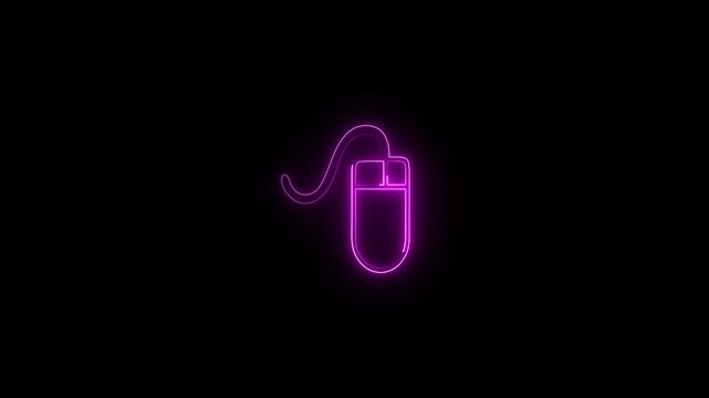 A vibrant glowing neon light effect shaped like a computer mouse icon, set against a dark black background.4k