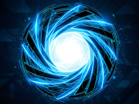 Futuristic blue energy portal, glowing digital vortex with neon light rays, abstract sci-fi technology background for gaming and web design