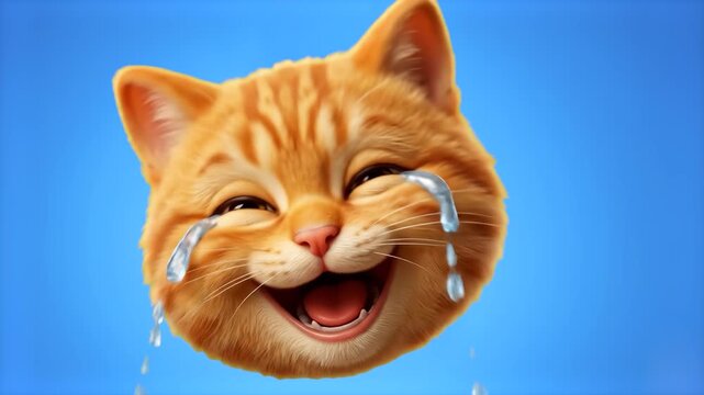 A hilarious 3D ginger cat laughing until tears fall against a soft blue sky background. Great for viral meme videos, entertaining social media clips, and lighthearted motion graphic design.