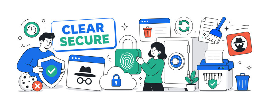 Privacy Cleanup Security &mdash; clean editorial banner with 2 geometric users managing oversized privacy shield, incognito window, biometric lock, secure vault, cookie deletion, history wipe, cache