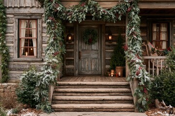Fototapeta premium Wood cabin side porch with pine boughs, clean centered composition with layered depth.