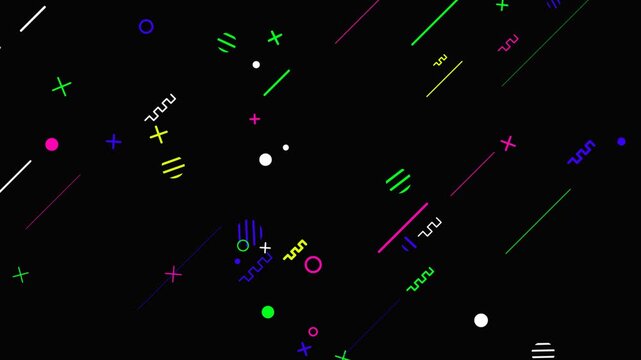 Abstract geometric pattern with colorful shapes and thin lines on a dark black background featuring floating circles crosses and zigzag elements for modern digital design projects 4K Motion Video