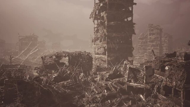 Haunting metropolis of shattered concrete frames, layered ruins stretching to misty horizon, suspended particles catching faint light, postcatastrophe quiet.