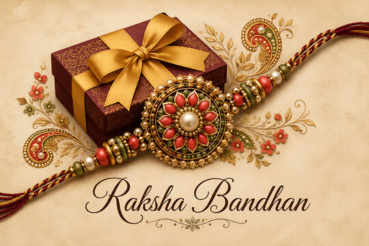 Premium happy raksha bandhan greeting layout containing luxurious gift box tied with golden ribbon and ornate traditional rakhi surrounded by floral motifs