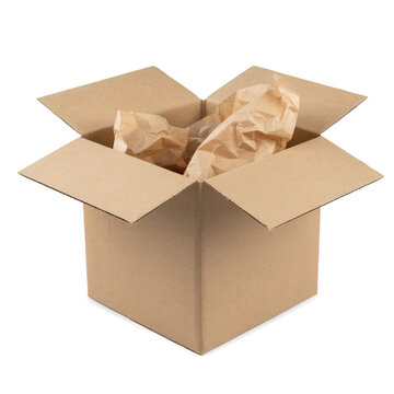 Open cardboard shipping box filled with crumpled brown protective paper isolated on transparent background
