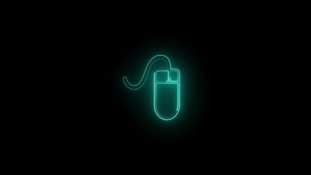 A vibrant glowing neon light effect shaped like a computer mouse icon, set against a dark black background, ideal for technology, digital interface, and gaming design concepts.4k animation video