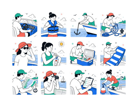 End Summer Boating Series. Late-season boating, dock preparation, safety gear, navigation, sun protection, refreshments, photography, anchoring, and waterfront recreation. 12 minimalist editorial