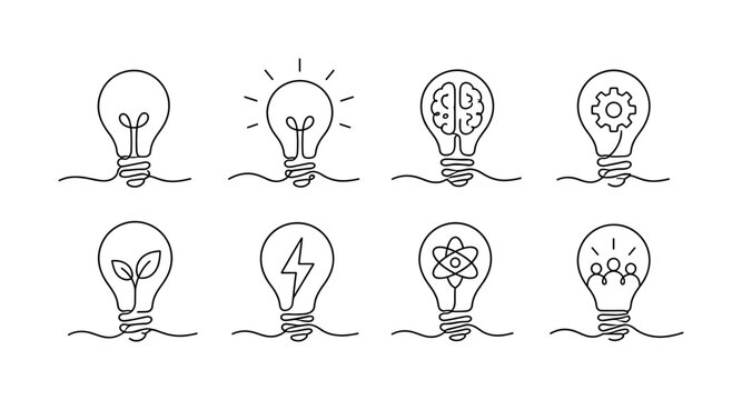 Creative Light Bulb Ideas, one-line drawing set with 8 minimal continuous single-line icons featuring classic bulb, glowing idea bulb, brain bulb, gear bulb, plant bulb, lightning bulb, innovation