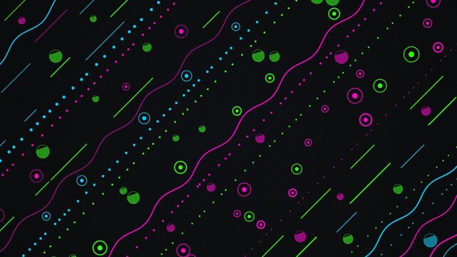 Abstract background with neon glowing circles and wavy lines on a dark black surface 4K Motion Video