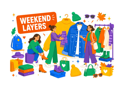 Fall Weekend Style lively banner scene with two fashion shoppers and a stylist arranging an oversized knit sweater and giant denim jacket, one tries ankle boots while another holds a scarf, clothing