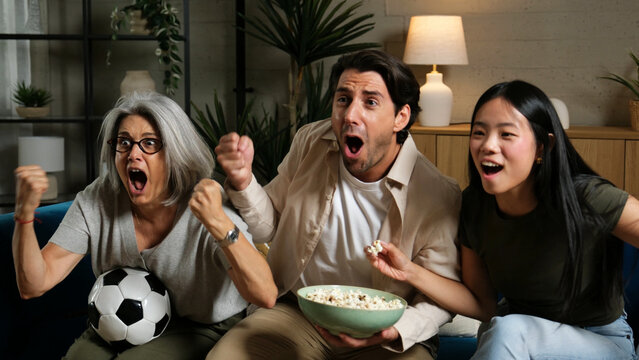 Cheering family members watch a football match on TV with popcorn