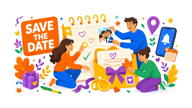 Save The Date Wedding lively banner scene with an engaged couple designing an oversized calendar card and giant envelope, one places wedding rings while another adds a photo, stamp, ribbon, autumn