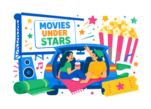 Drive In Summer banner showing two expressive friends enjoying a nostalgic outdoor movie from their car, with an oversized cinema screen and oversized popcorn box, plus car speaker, drink cup, ticket,