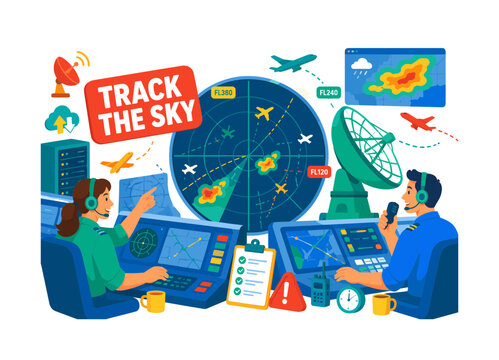 Radar Operations Control banner featuring two air-traffic controllers beside an oversized radar screen and large radar antenna; aircraft blips, headsets, route lines, weather cells, altitude tags,