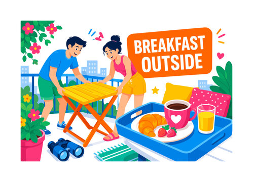 Balcony Breakfast Space banner showing two expressive apartment residents unfolding a compact table for a summer breakfast, with an oversized folding table and oversized breakfast tray, plus coffee