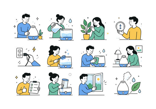 Humidifier Setup Guide. Indoor humidity, water tanks, hygrometers, power connections, cleaning, filters, bedroom placement, plants, windows, mist control, and maintenance. 12 minimalist editorial