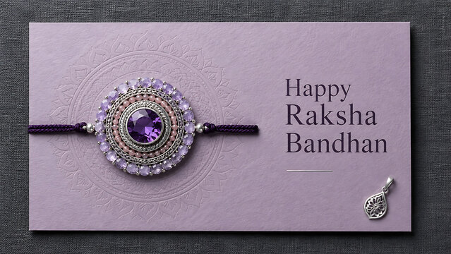 Stunning purple jewel rakhi placed gracefully upon a lavender mandala embossed card signifying the eternal bond of siblings for happy raksha bandhan