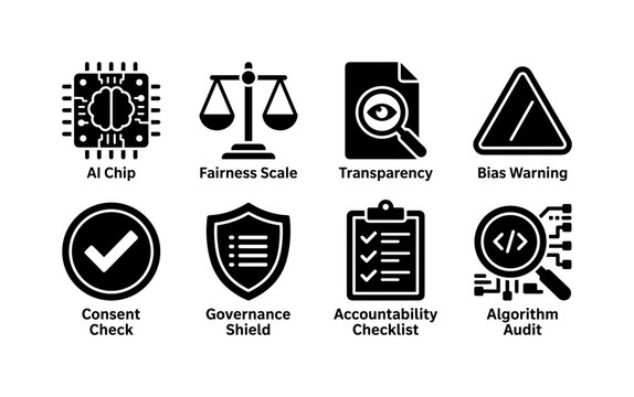 AI Ethics Governance, solid glyph icon set featuring AI chip, fairness scale, transparency document, bias warning, consent check, governance shield, accountability checklist and algorithm audit,