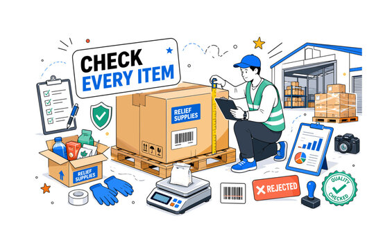 Relief Quality Control. A clean editorial banner showing an inspector checking an oversized relief box and pallet, with a measuring tape, scale, barcode, sample item, gloves, warehouse, quality stamp,