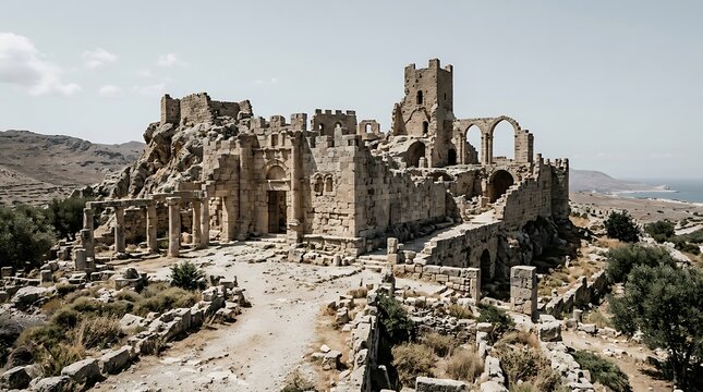 Ancient stone castle ruins on rocky hilltop.
