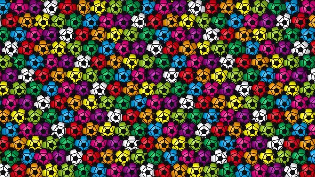 Seamless pattern background featuring many colorful soccer balls in a vibrant grid layout 4K Motion Video