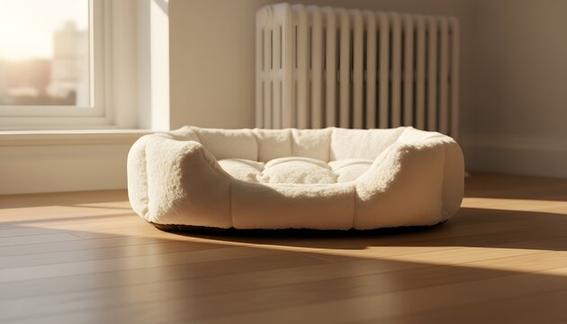 Cozy plush white pet bed placed near radiator on modern wooden floor in bright sunlit living room for pet care and home warmth concept