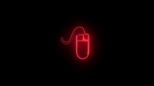 A vibrant glowing red color neon light effect shaped like a computer mouse icon, set against a dark black background, ideal for technology, digital interface, and gaming design concepts.4k