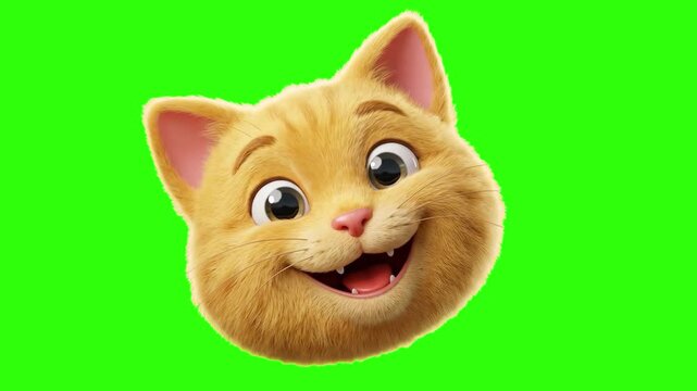 Cheerful 3D cartoon ginger cat head with open mouth and joyful expression isolated on a chroma key green screen background. Suitable for easy video compositing, pet shop marketing, funny meme clips, k