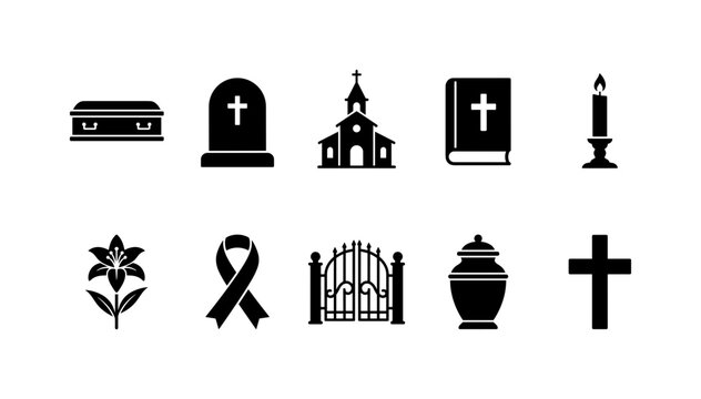 Funeral Memorial Symbols, solid glyph icon set featuring coffin, gravestone, church, bible, candle, flower, memorial ribbon, cemetery gate, urn and cross, covering funeral, death, burial, remembrance,