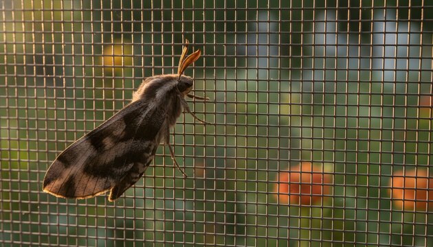 Close-up view of a furry nocturnal moth resting on a wire mesh window screen at warm golden hour for nature exploration and insect protection barrier concept
