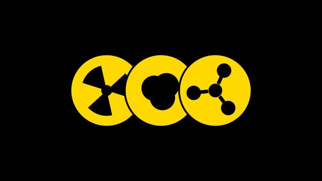 Eco word design with nuclear radiation biohazard and chemical molecule symbols in yellow circles on a black background 4K Motion Video