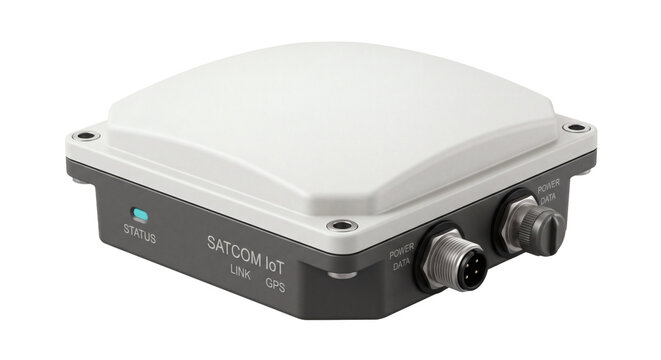 Professional GNSS GPS survey receiver, isolated on transparent background, rugged square white positioning unit with domed antenna and multiple side connectors. Marketing use and Web design.