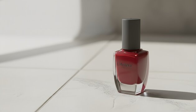 Elegant red nail polish bottle on tile floor with natural sunlight and harsh shadows for modern beauty cosmetics and luxury manicure product advertising concept