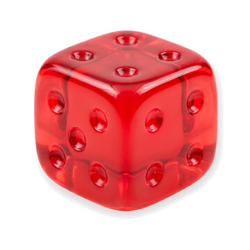 A single red translucent plastic gaming die isolated on transparent background