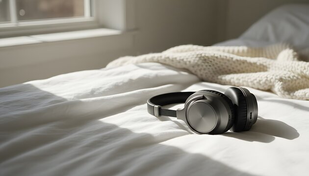 Modern wireless noise-canceling headphones on bed with soft white linen sheets and knit blanket in bright morning light for audio relaxation and cozy lifestyle concept