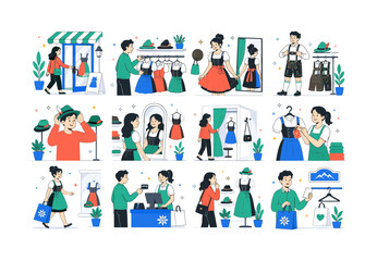 Fototapeta premium Bavarian Outfit Shop. Storefronts, racks, dirndls, lederhosen, hats, mirrors, fitting rooms, prices, bags, registers, mannequins, receipts, and hangers. 12 minimalist editorial vector scenes: shopper