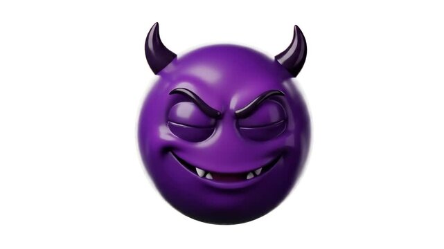 A bold 3D rendering of a glossy purple devil emoji face with horns, fangs, and a sly mischievous grin, isolated on a clean white background. Perfect for Halloween party graphics, villainous character 