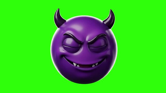 A 3D render of a purple devil emoji with dark horns and a smirking evil expression on a chroma key green background. Designed for seamless keying and compositing in video editing, gaming overlays, and